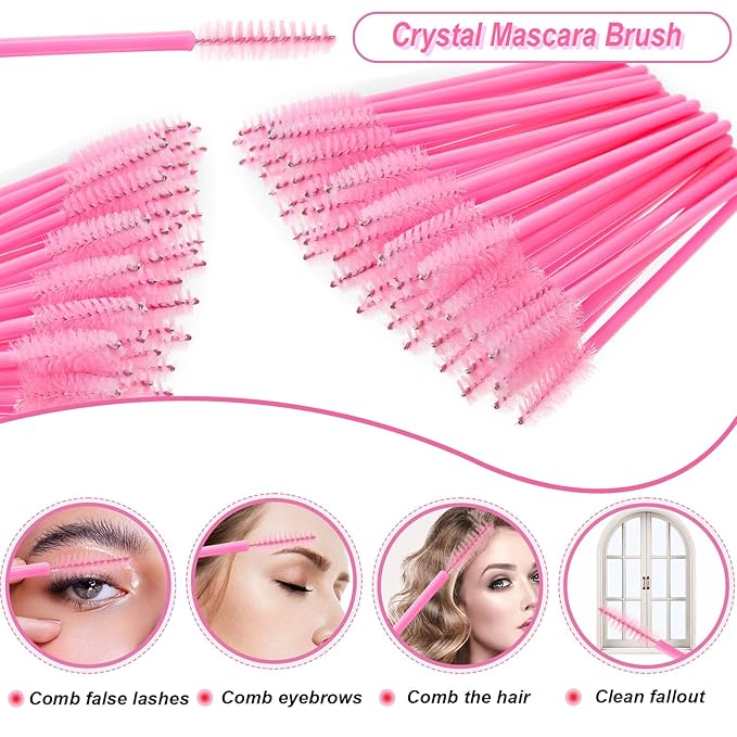 300PCS Eyelash Extension Supplies Kit, Disposable Micro Swab Brushes Eyebrow Spoolies Lip Brushes Mascara Wands Makeup Applicator Tools(Pink)