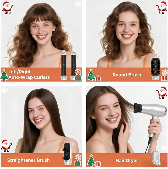 5 in 1 Blow Dryer Brush,110-120V Hair Dryer Brush, Fast Drying & 3 Adjustable Temperatures Hot-Air Hair Brushes, Detachable Hair Styler Set for Curling/Volumizing/Straightening/Styling (White Gold)