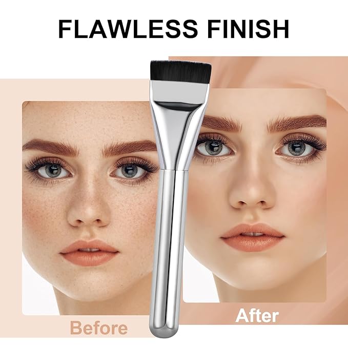 Flat Foundation Brush for Liquid Makeup,14CM Fast Flawless Flat Top Kabuki Makeup Brushes Face Cosmetics Concealer Brush for Liquid, Blending, Powder, Cream, Powder, Blush, Buffing Bright Silver