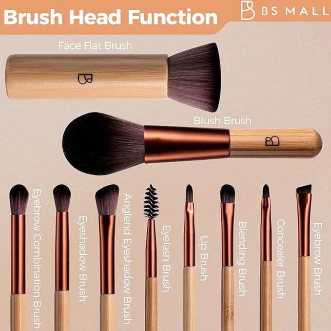 BS-MALL 10 Pcs Professional Bamboo Makeup Brush Set - Travel-friendly Eyeshadow Brush, Concealer Brush & Foundation Brush For Liquid Makeup - Lightweight Multi-purpose Daily Use With Makeup Bag