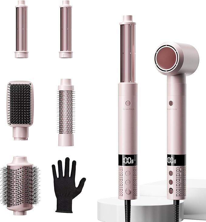 6 in 1 Blow Dryer Brush Set, Powerful Hair Dryer Brush with Auto-Winding Curl L/R, Fast Drying, Smooth Blowouts, Root-Lift Volume, No Heat Damage Frizz-Free Thermal Brush, Hot Air Styler for Travel