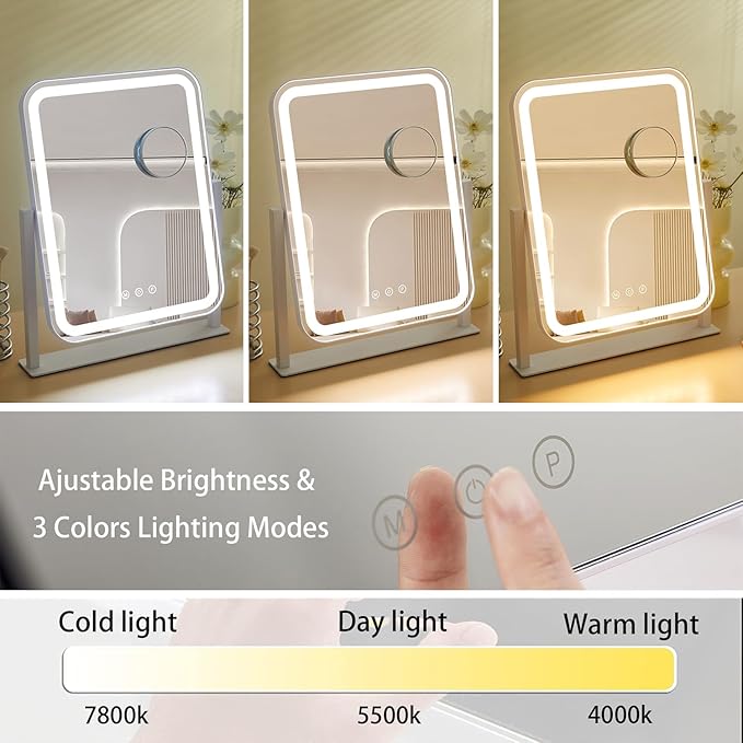 HIEEY Vanity Mirror with Lights, 16.7'' x 13.4'' Makeup Mirror with Lights, Three Color Lighting Modes, and 5X Magnification Mirror, Smart Touch Control, 360°Rotation (White,Gift Box)