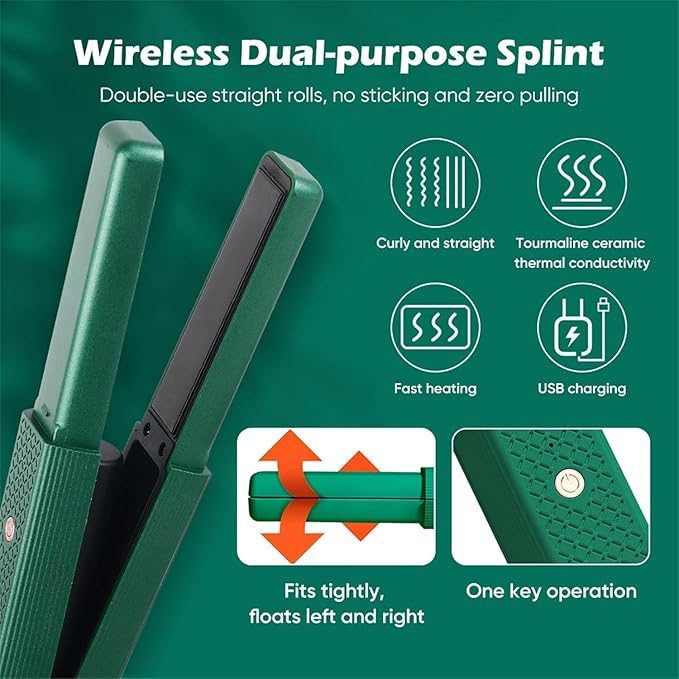 Cordless Hair Straightener, 2 in 1 Portable Mini Ceramic Flat Iron and Curler, USB-C Rechargeable Travel Straightener, Lock in Moisture & Shine, 3 Levels Adjustable (Green)