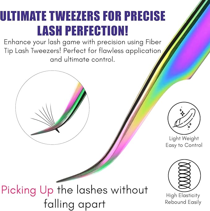 2pcs Fiber Tip Tweezers for Lash Extensions – Curved Tip Base Cut & Isolation Tweezers Set, Precision Stainless Steel Eyelash Extension Tools, Non-Slip Grip, Professional Lash Applicator (Multi)