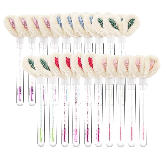 20pcs Disposable Glitter Cleaning Spoolie Brushes Empty Mascara Wands Tubes Faux Fur Ball Keyring Makeup Tool Applicator Set (Style#5)