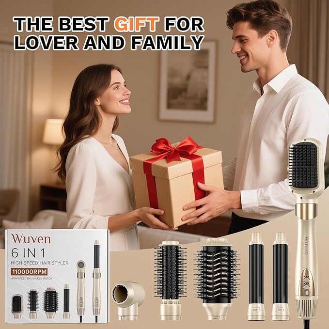 6 in 1 Hair Dryer Brush, 110,000 RPM High-Speed Blow Dryer Brush, No Heat Damage Hair Styler Auto Curler for Fast Drying, Curling, Volumizing, Straightening with Travel Bag