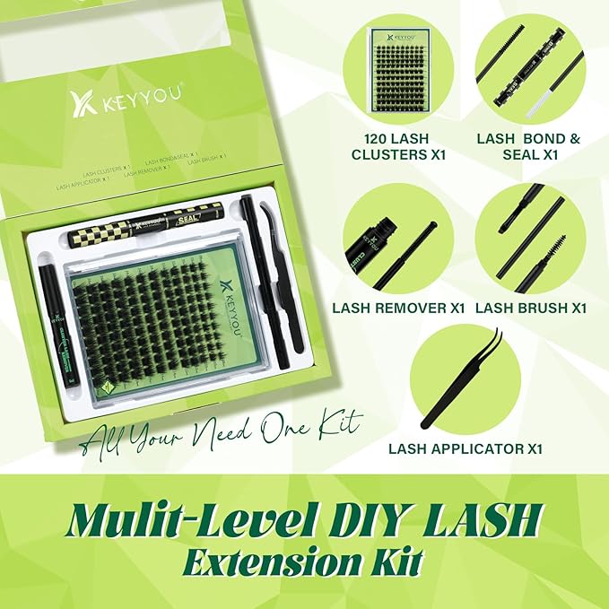 KEYYOU Lash Extension Kit 3D Effect Volume Lash Clusters Kit 120pcs D Curl Waterproof Kit DIY Eyelash Extension Kit with Bond and Seal Lash Glue Remover Lash Applicators (Kit-PuffSilk V3D05-8-18MIX)