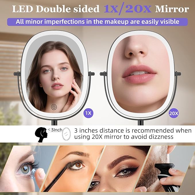 FUNTOUCH 30X/1X Wall Mounted Lighted Makeup Mirror, 5000mAh Rechargeable Oval Double Sided Touch Switch Magnifying Mirror with Light, 3 Color Setting, Extended Arm 360°Swivel Foldable,Black