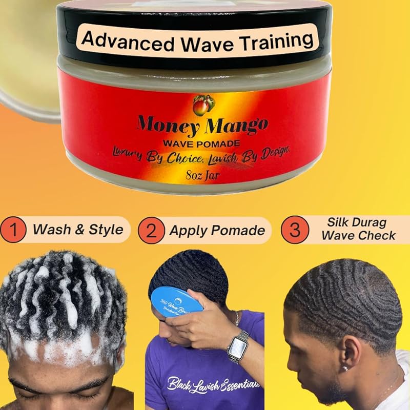 Ultra-Smooth 360 Wave Pomade for Men, Deep Waves, Strong Hold and Shine for Wavy Hair, Shea Butter and Mango Butter, Non-Greasy Formula (Money Mango Pomade, 8oz)