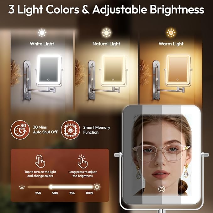 Height Adjustable Wall Mounted Lighted Makeup Mirror with Lights, 10X Magnifying Mirror for Bathroom, 7in Slide Rail and 360° Extended Arm, Rechargeable Wall Mirror with Dual Hooks for Hotel
