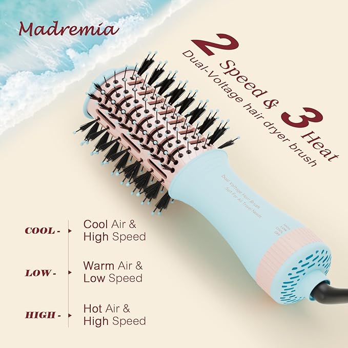 Travel Dual Voltage Hair Dryer Brush 4-in-1 Portable Mini Hot Air Blow Dryer Straightener & Curler Brush, Titanium Round Blowout Styler Volumizer Tools, 110/240V US/EU/UK -Baby Blue & Light Pink