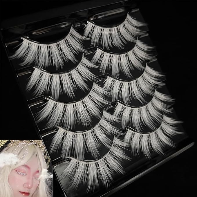 White Eyelashes Halloween & Easter Cosplay White Lashes Thick Fluffy 15MM Can Be Trimmed Fake Eye Lashes Extension Tool Costume Party False Eyelashes Stage Performance (MQ1-5Pairs)