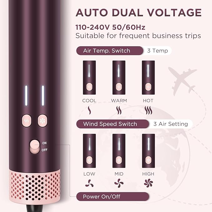 7-in-1 Hot Air Styler, PARWIN PRO BEAUTY Dual Voltage MaxAIR 2.0 Multi-Styler Set, 110,000RPM High Speed Hair Dryer Brush with Air Hair Straightener, 1.1 Inch Auto-Wrap Curlers, Jasper Plum