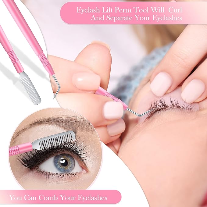Chumia 2 Pieces 2 in 1 Lash Lift Tool Eyelash Separator Tool with Comb Stainless Steel Metal Lash Perm Lift Rods for Eyelash Eyebrow Comb Perming Tinting Curling Extension Supplies(Pink)