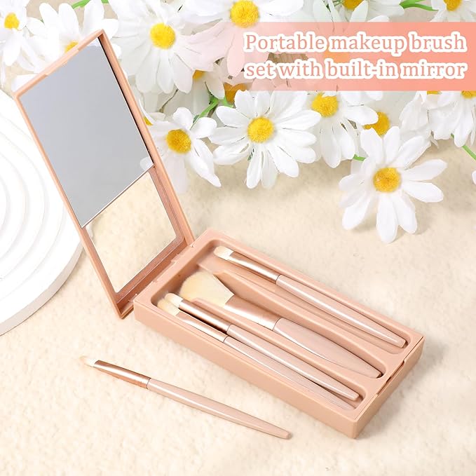 Travel Makeup Brush Set Apricot 5 Pcs Mini Makeup Brushes with Case and Mirror Portable Small Complete Function Cosmetic Brushes Kit Basic Cosmetic Profesional Tools for On The Go