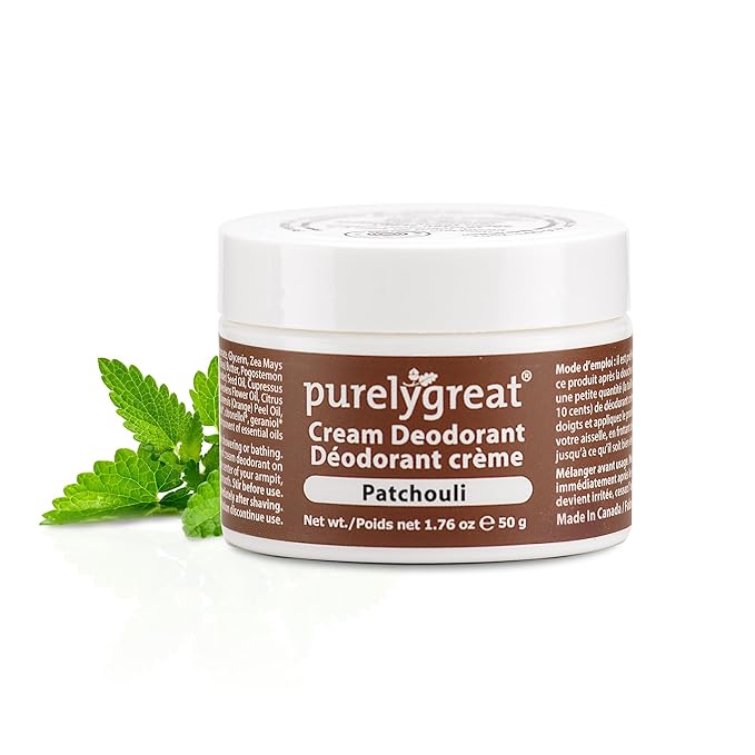 Purelygreat - Patchouli Scented Cream Deodorant, Chemical-Free Hygiene Essentials for Women, Natural Deodorant for Men with Soda & Corn Starch, No Sticky Residue, Parabens & BPA, 1.76 oz / 50 g