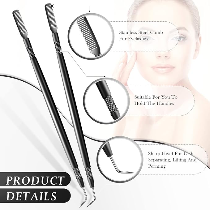 Chumia 2 Pieces 2 in 1 Lash Lift Tool Eyelash Separator Tool with Comb Stainless Steel Metal Lash Perm Lift Rods for Eyelash Eyebrow Comb Perming Tinting Curling Extension Supplies(Black)