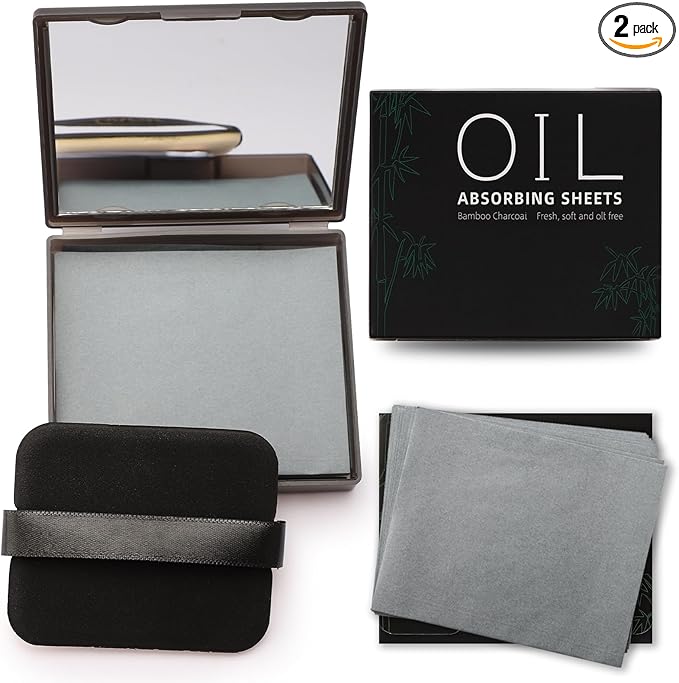 Erinde Oil Blotting Sheets for Face with Mirror and Puff, 300 Sheets Oil Blotting Paper for Oily Skin, Face Oil Absorbing Sheet, Natural Oil Control Film, Absorb Excess Oil, Bamboo Charcoal