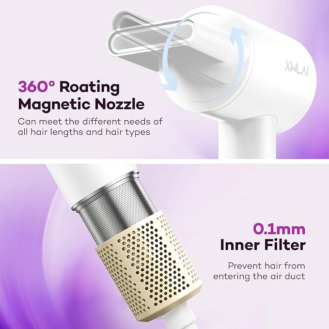 Hair Dryer, 110000 RPM High-Speed Brushless Motor Negative Ionic Blow Dryer for Fast Drying, Low Noise Thermo-Control Hair Dryer with Nozzle and Tri-Colour LED Light Ring for Home, Travel (White)