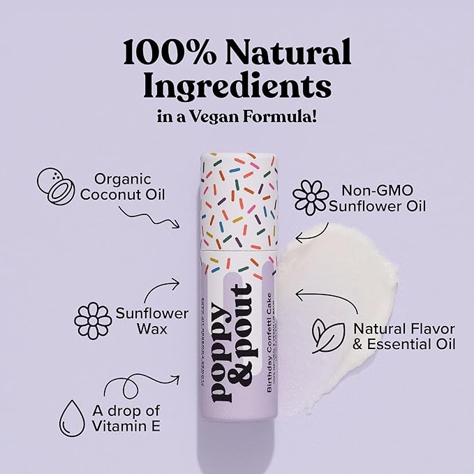 Poppy & Pout Birthday Cake Jumbo Lip Balm | All Natural Lip Balms & Moisturizers | Hydrates with Beeswax, Vitamin E, Organic Coconut Oil | Cruelty-Free | Lip Balm in Recyclable Cardboard Tube (Purple)