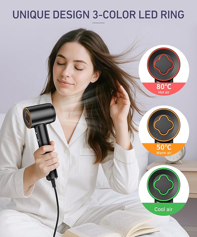 Hair Dryer, 150000 RPM High-Speed Brushless Motor Negative Ionic Blow Dryer for Fast Drying, Low Noise Thermo-Control Hair-Dryer-with-Diffuser and Nozzle