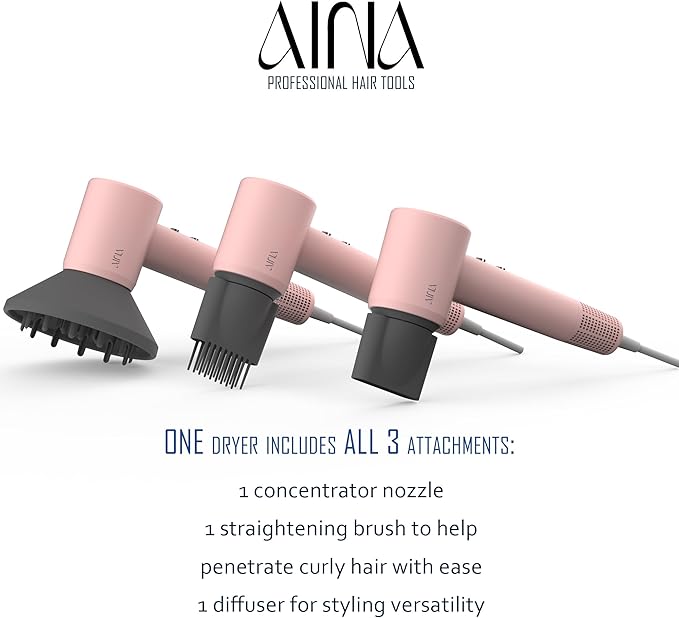 AINA Hair Dryer,Blow Dryer with Diffuser Brush Comb for Women - BLDC Hair Dryer - Brushless Motor, 110,000 RPM Lightweight,Ionic Travel, 3 Magnetic Attachments 110V/ALCI(Baby Pink)