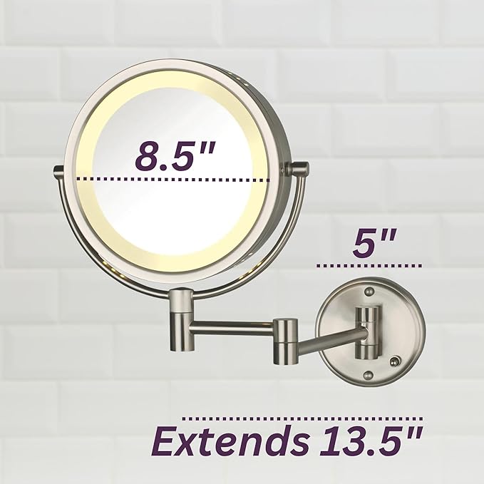 JERDON Wall-Mounted Makeup Mirror with LED Lighting - Direct Wire Lighted Makeup Mirror with 8X Magnification & Nickel Finish Wall Mount - Model HL75ND