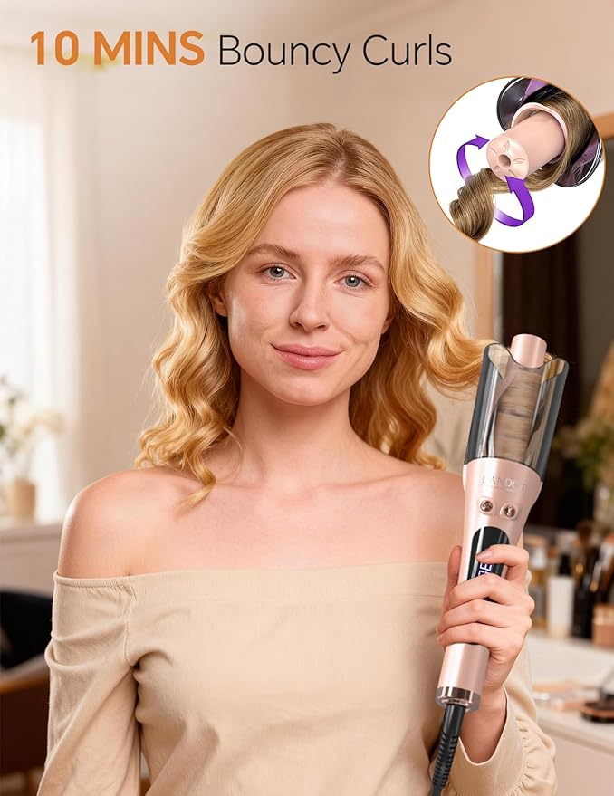 Automatic Rotating Curling Iron 1-inch - LANDOT 2-Way Anti-Tangle Self Curling Wand, Effortless Curls for Special Occasions, Dates & Vacations, Fast Heat-Up Ceramic Barrel for Gorgeous Styles