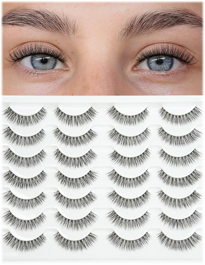 EMEDA False Lashes Natural Look Short Wispy “Shy" 12mm False Eyelashes with 0.1mm Thin Band Pestañas Postizas Thick Wispies Cat Eye Lash Strips Beginner 14 Pairs Pack (002 Shy)
