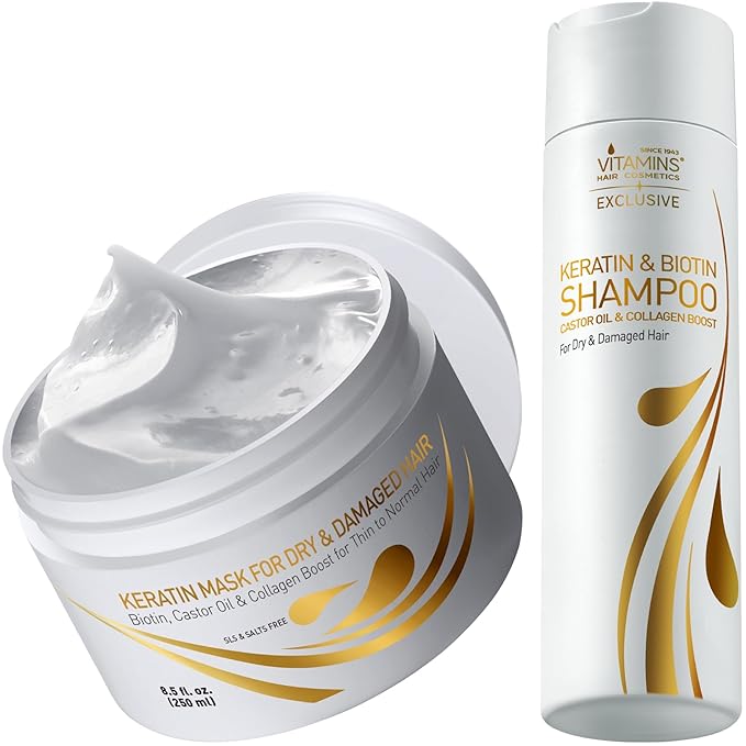 Vitamins Keratin Hair Treatment Kit - Deep Conditioner Mask and Protein Shampoo for Fine, Dry, Damaged, Color-Treated Hair