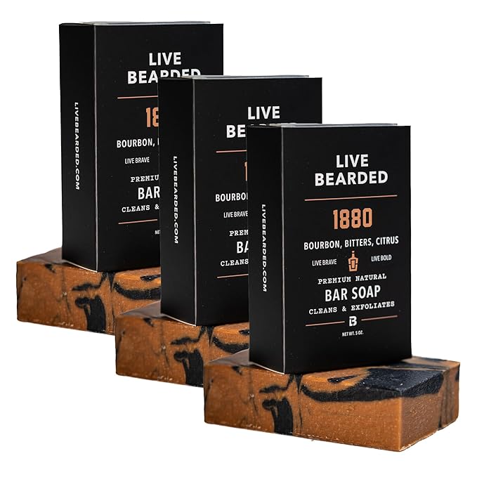Live Bearded All-Natural Bar Soap for Men, 3-Pack of 5 oz - Made in the USA - Exfoliates and Moisturizes - Charcoal, Pumice, Shea Butter | 1880 Scent - Bourbon, Bitters, Citrus