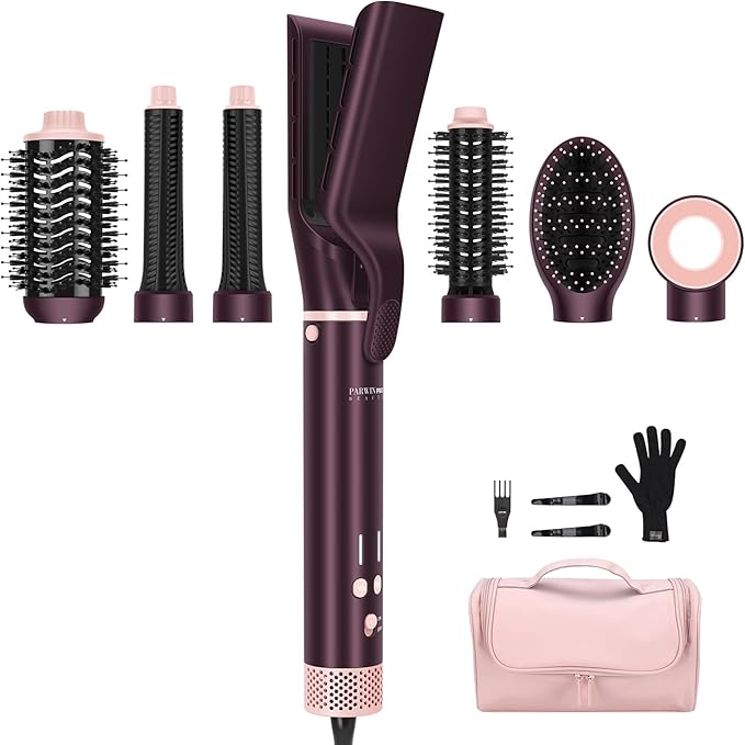 7-in-1 Hot Air Styler, PARWIN PRO BEAUTY Dual Voltage MaxAIR 2.0 Multi-Styler Set, 110,000RPM High Speed Hair Dryer Brush with Air Hair Straightener, 1.1 Inch Auto-Wrap Curlers, Jasper Plum
