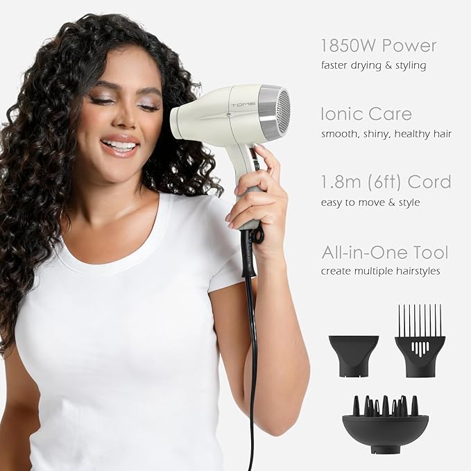 TOME Hair Dryer with Diffuser Blow Dryer Ionic 1875W Cool Shot Curly Hair Teeth Comb Nozzle attachments Light Weight Low Noise Fast Dry