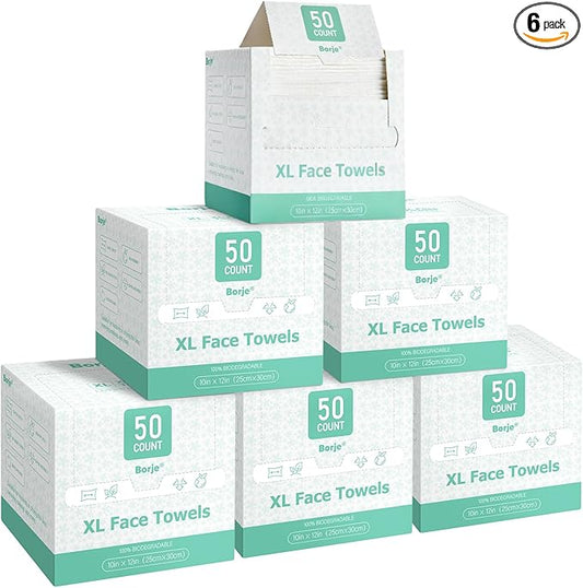 Borje Face Towels XL, Thick Disposable Face Towel 10" x 12", 300 Count (6 Packs of 50), 100% USDA Biobased Facial Towelettes, Ultra Soft Makeup Remover Wipes for Women Cleansing