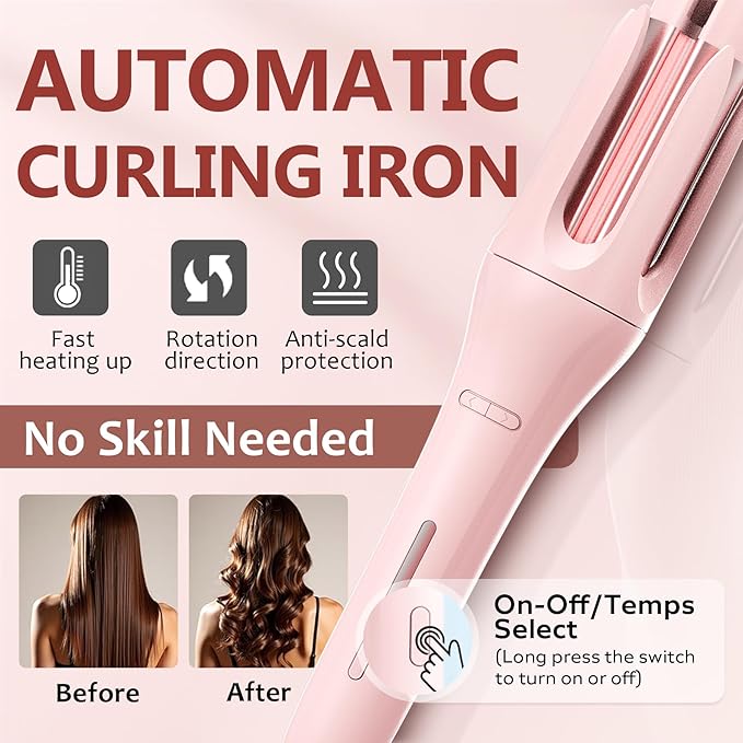 Automatic Rotating Curling Iron with 3 Temperature Fast Heating, Auto Hair Curler with Timer Settings, Anti-Tangle, Automatic Shut-Off and Scalding for Hair Styling, Pink
