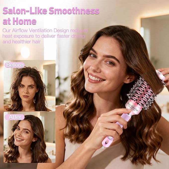 URTHEONE Round Hair Brush for women Blow Drying, Ceramic Ionic Styling Tool with Mixed Bristles and Hair Clips, for Smooth and Voluminous Styles on Medium to Long Hair (1.7 Inch)