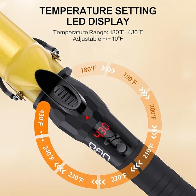 DAN Technology 1½ Inch Large Barrel Curling Iron Wand for Loose Waves, Tourmaline Ceramic Hair Curler with LCD Display (180°F–430°F), Fast Heating, Dual Voltage, Auto Shut-Off, Black & Gold