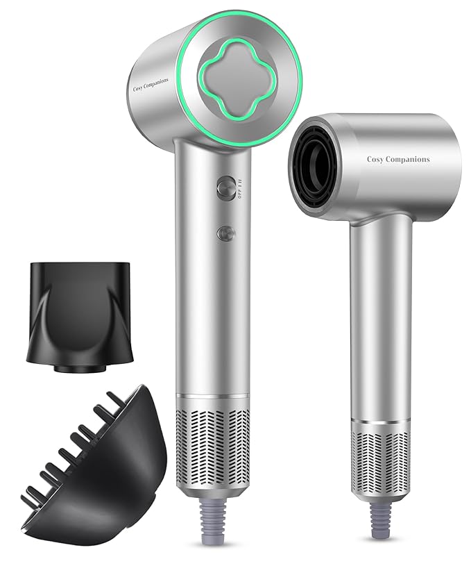 Hair Dryer - 150000 RPM High-Speed Brushless Motor Negative Ionic Blow Dryer for Fast Drying, Low Noise Thermo-Control Hair Dryer with Diffuser and Nozzle, Silvery