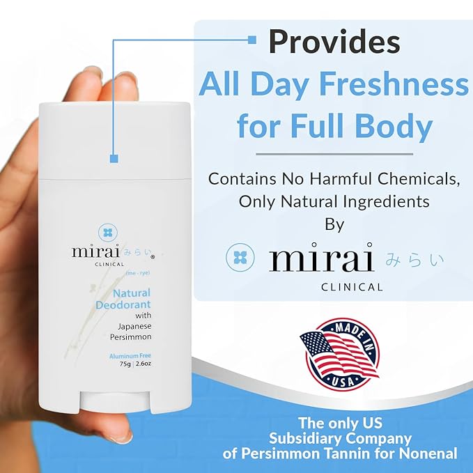 Mirai Clinical - All Natural Deodorant for Women and Men - w/Japanese Persimmon Extract - Full-Body Use - Aluminum, Fragrance, Paraben Free - Vegan - Helps to Eliminate Nonenal® Odor - Unscented-75g
