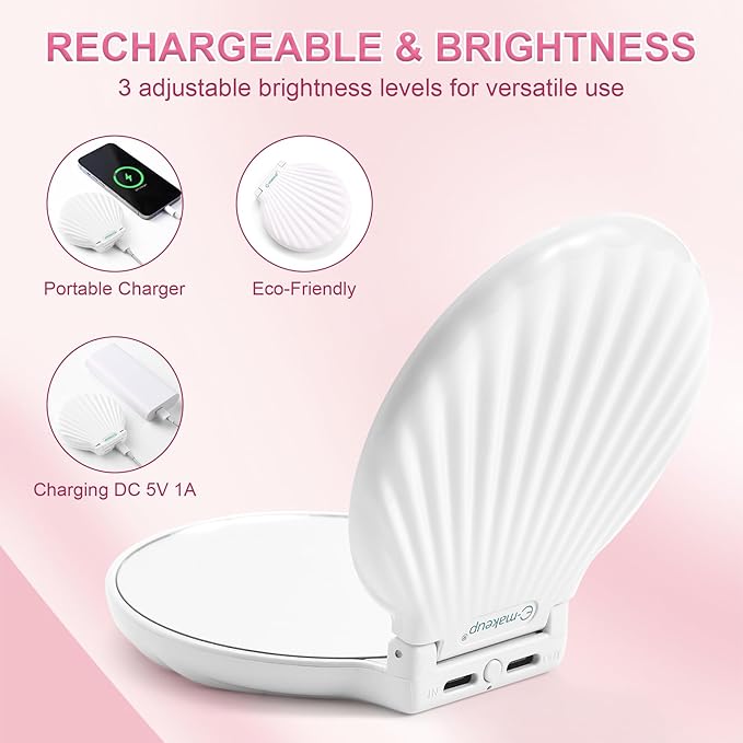 Compact Makeup Mirror with Lights Travel Vanity Mirror with Lights Small Compact Mirror 2x/10x Magnification & LED Lighted, Magnifying Mirror Portable Adjustable Rechargeable, White
