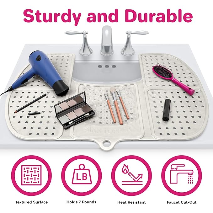 Sink Topper Bathroom Sink Cover for Counter Space & Storage Saver | RV Must Haves | Silicone Foldable Beauty Makeup Brush Cleaning Mat | Hot Tools Organizer | RV Sink Cover | Large, Pearl