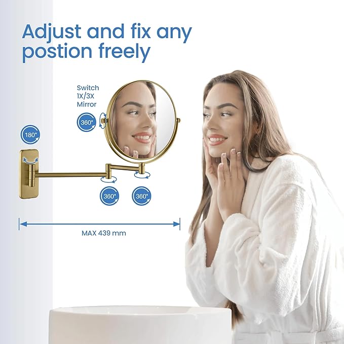 KIBI Circular Wall Mount Makeup Mirror, Dual-Sided 1x/5x Magnifying Mirror with Extendable Arm, 360° Swivel, Solid Brass Construction for Durability and Style (Brushed Brass - KMM100)