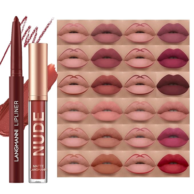 LANGMANNI 4pcs Matte Lipstick with Lipliners Durable Makeup Set,Long-Lasting Non-Stick Cup Not Fade Waterproof Pigmented Velvet Lipgloss Kit Beauty Cosmetics Makeup Gift for Girls(#1+3+5+7)