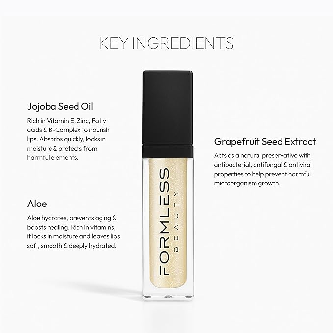 Formless Beauty | Bliss Lip Gloss by Jenny McCarthy | Transparent Nude Infused with Gold Shimmer | Vegan Hydrating Formula | Non-Sticky Aloe & Jojoba Infused | Paraben & Cruelty Free | Lip Enhancer