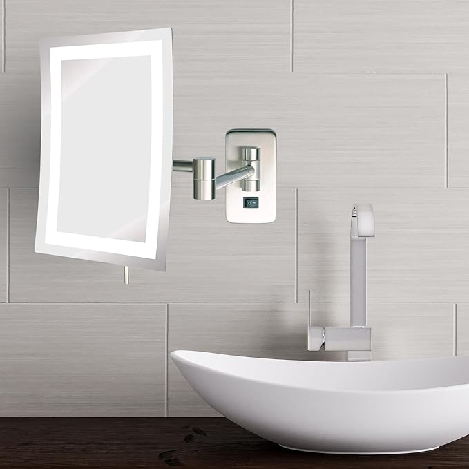 JERDON Rectangular Wall Mount Makeup Mirror - Direct Wire Makeup Mirror with 5X Magnification and LED Lights - Nickel Finish - Model JRT710NLD