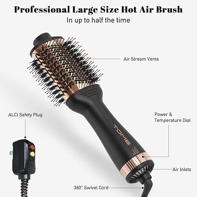 Tome Titanium Blow Dryer Brush, 3 Inch Dual Voltage Hair Dryer Brush in one, 2-in-1 Hot Air Brush for Salon, Faster Blowouts with Tons of Volume and Less Frizz