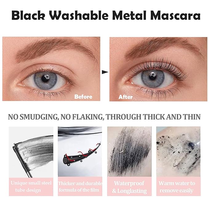 2PCS Iron Wand Mascara, 2025 New Black Washable Metal WandMascara, 3D Curling Iron Wand Fiber Lash Mascara Extension Super Volume Eyelash Non-Clumping Smudge-Proof Long Lasting (Black)