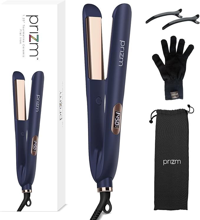 Prizm 1.25 inch (32mm) Flat Iron, Hair Straightener and Curler 2 in 1, Fast Heating Ceramic & Adjust Temp 330°F to 450°F, Dual Voltage Hair Iron for Travel, Gift, Auto Shut-Off, Prussian Blue