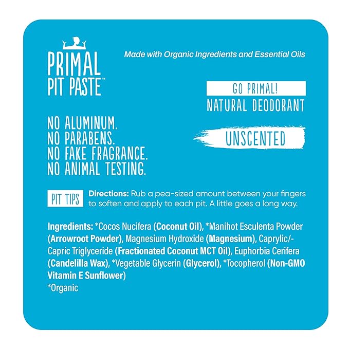 Primal Pit Paste Natural Aluminum-Free Deodorant, Baking Soda-Free, Unscented (1-Pack) | Sensitive Skin Friendly, Effective Odor Control for Women & Men, Organic Ingredients, No Added Fragrance