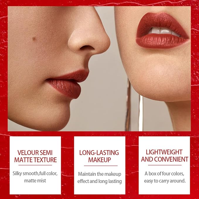 4 Colors Mini Matte Lipstick Little Tube Lip Stain, Velvet Smooth Lip Stick, Long Lasting & Waterproof 24 Hours Non-Sticky Labiales Lipstick (Set C)